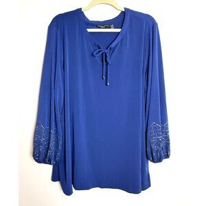 Susan Graver Beaded Artisan Blue Liquid Knit Blouson Sleeve Stretchy Tunic 3XP